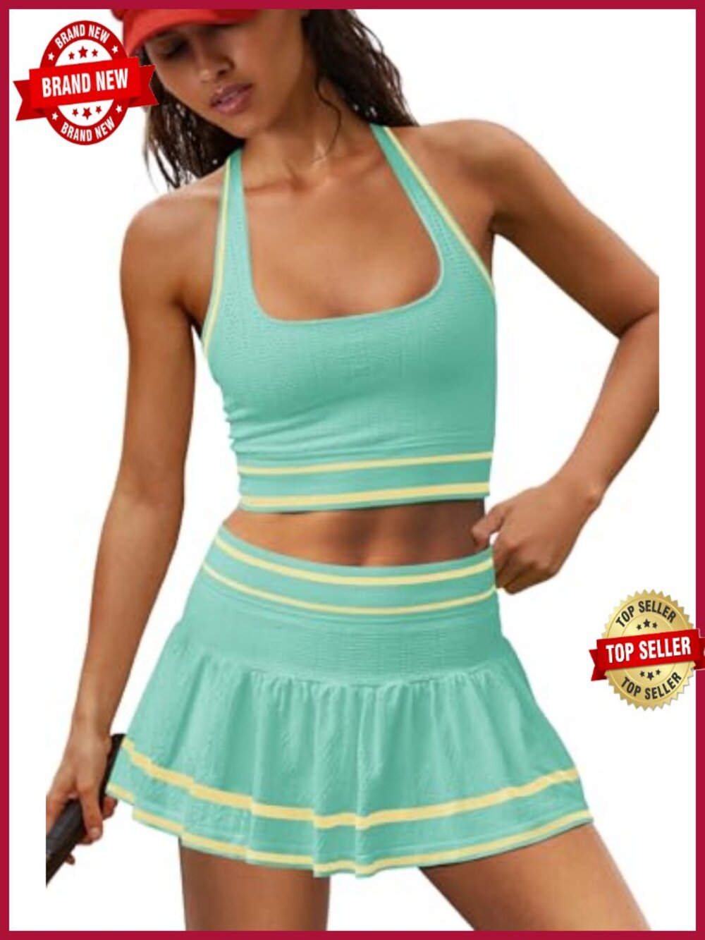 Tennis Skirt Set for Women 2 Piece Outfit Seamless Halter Top and Skort Skirt